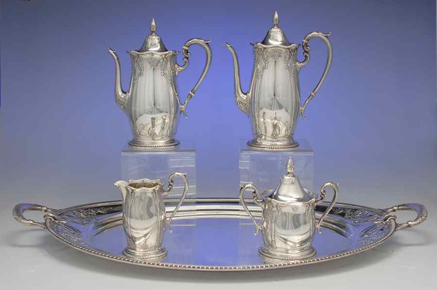 Stradivari (Sterling, Hollowware) 5 Piece Tea Set (SCP, STP, SCR, SSU, WTL) by Wallace Silver-1