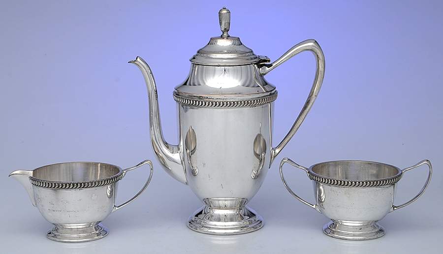 3886 (Silverplate, Hollowware) 3 Pc Demitasse Set, Coffee Pot, Creamer&Open Sugar by Warwick-1