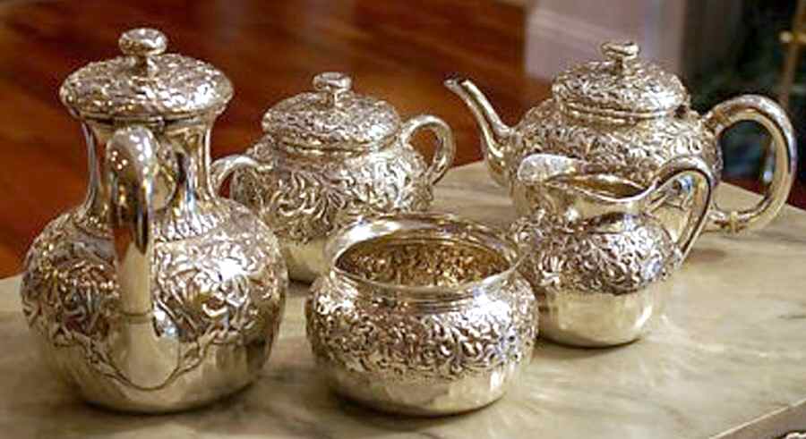 510W (Sterling, Hollowware) 5 Piece Tea Set (SCP, STP, SCR, SSU, SWB) by Whiting Manf Co-1