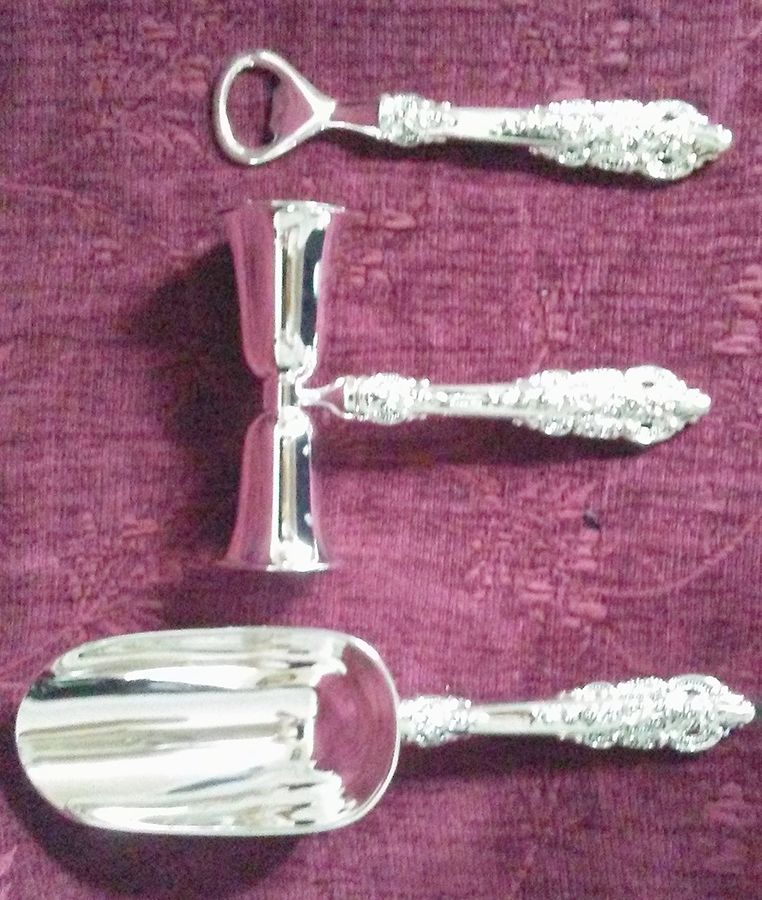 Antique Baroque (Silverplate) 3 Piece)Bar Set (Bottle Opener,Ice Scoop & Jigger) by Wallace Silver-1