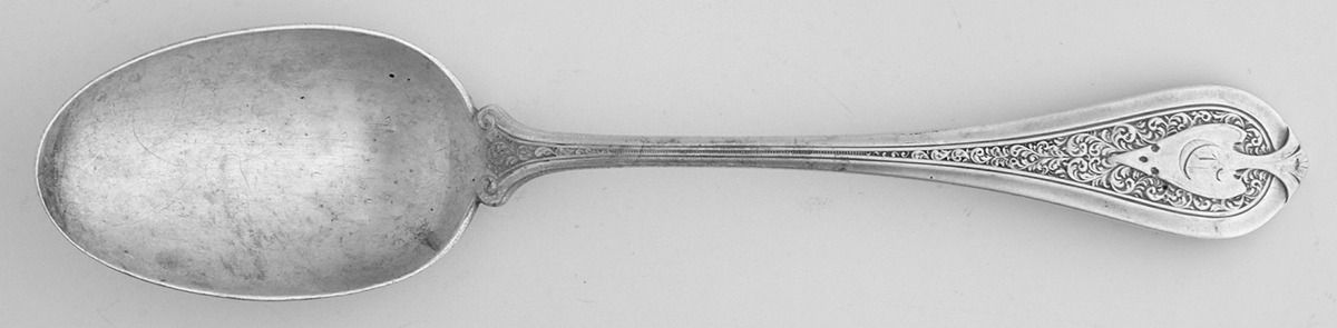 Florentine (Sterling, 1870, no monogram) Dessert/Oval Soup Spoon by John R Wendt-1