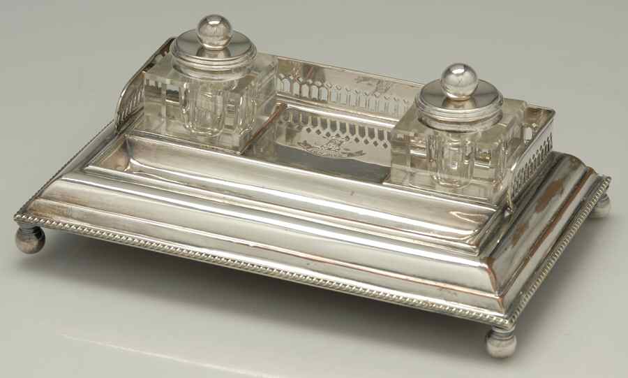 43849 (Silverplate, Hollowware) Double Inkwell with Attached Stand by William Adams-Sheffield-Birminghan-1