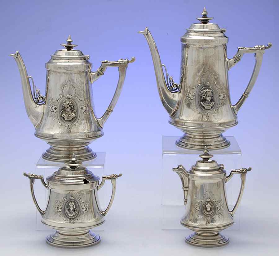 WHS45 (Sterling, Hollowware) 4 Piece Tea Set (SCP, STP, CRE, SSU) by Wood & Hughes-1