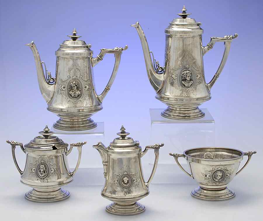 WHS45 (Sterling, Hollowware) 5 Piece Tea Set (SCP, STP, CRE, SSU, SWB) by Wood & Hughes-1