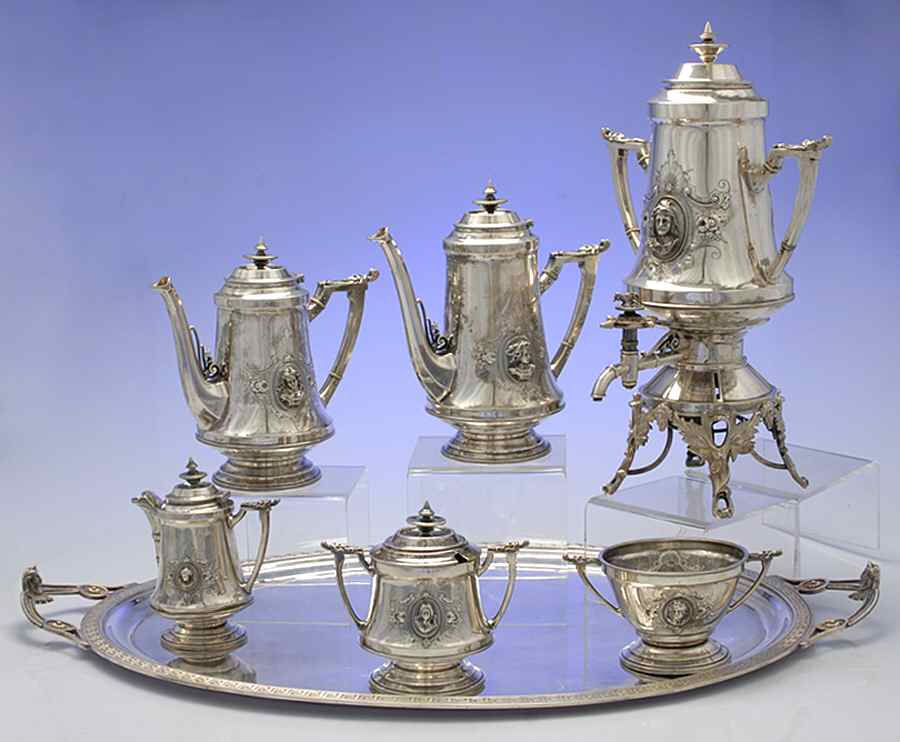 WHS45 (Sterling, Hollowware) 7 Piece Tea Set (SCP, STP, CRE, SSU, SWB, URN, WT26CS) by Wood & Hughes-1