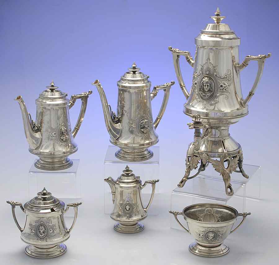 WHS45 (Sterling, Hollowware) 6 Piece Tea Set (SCP, STP, CRE, SSU, SWB, URN) by Wood & Hughes-1