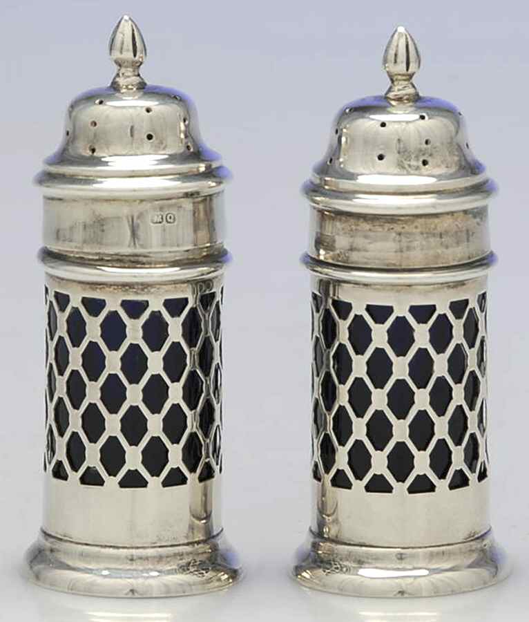 WTK2 (Sterling, Hollowware) Salt and Pepper Set with Cobalt Liner by William Aitken-1
