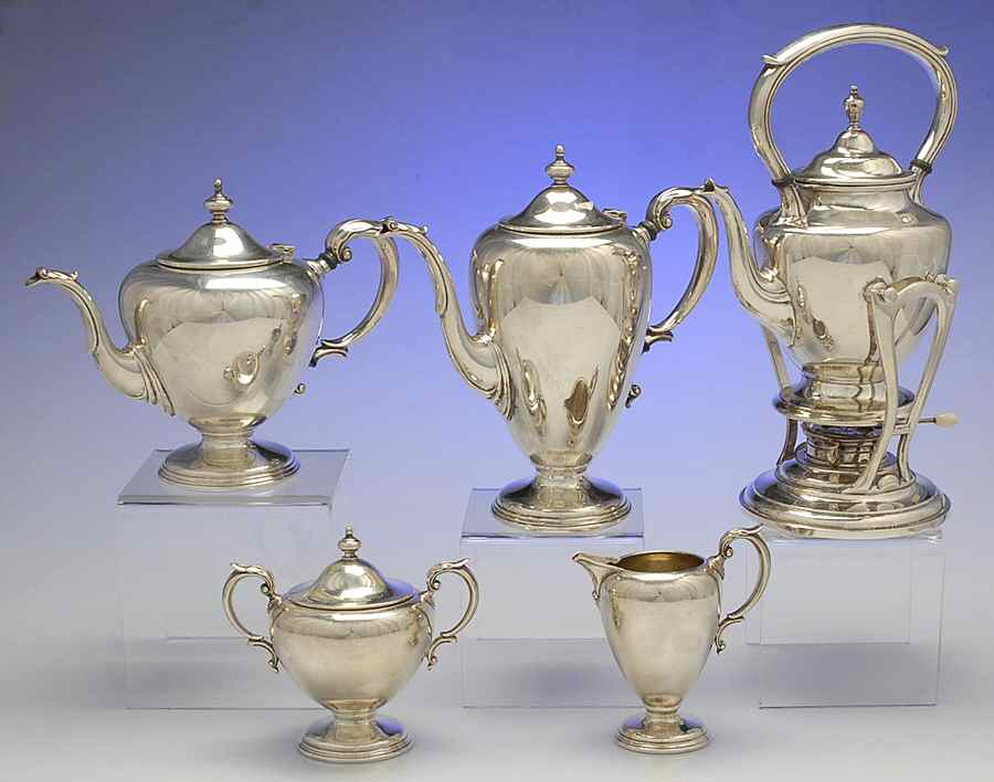 Windermere (Sterling, Hollowware) 5 Piece Tea Set (SCP, STP, SCR, SSU, SKES) by Wallace Silver-1
