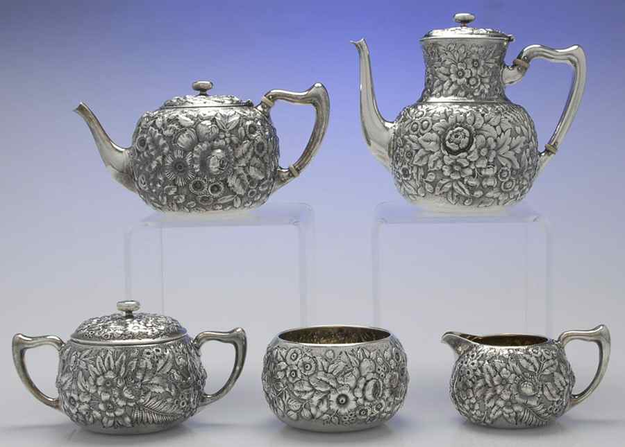 2552A (Sterling, Hollowware) 5 Piece Tea Set (SCP, STP, SCR, SSU, SWB) by Whiting Manf Co-1