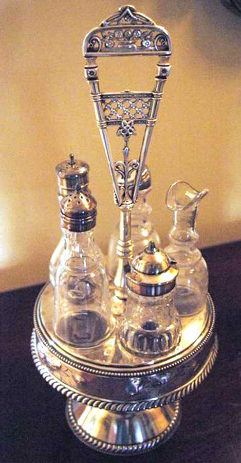 3596 (Silverplate, Hollowware) Cruet Set (5 Crystal Bottles with Stand) by Wilcox Silverplate-1
