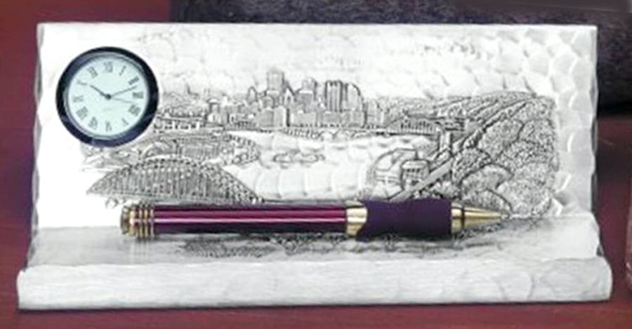Pittsburgh Cityscape (Metal, Hollowware) Clock Pen Holder by Wendell August-1