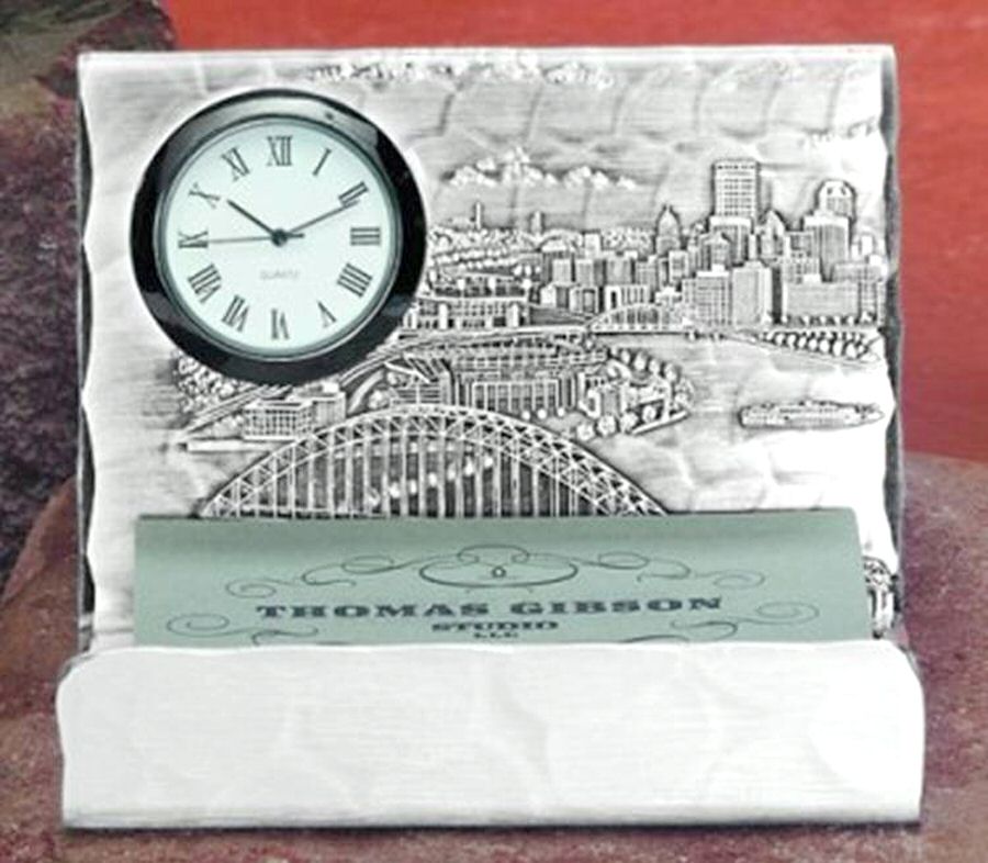 Pittsburgh Cityscape (Metal, Hollowware) Clock Calling Card Stand by Wendell August-1