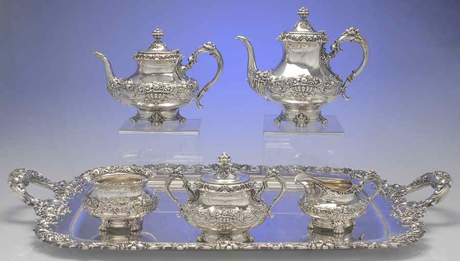 1171 (Sterling, Hollowware) 5 Piece Tea Set (SCP, STP, SCR, SSU, WTL) by Whiting Manf Co-1