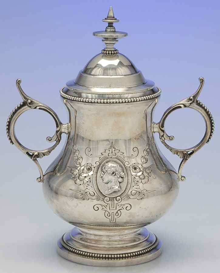Medallion (Coin, Hollowware) Sugar Bowl with Lid by Wood & Hughes-1
