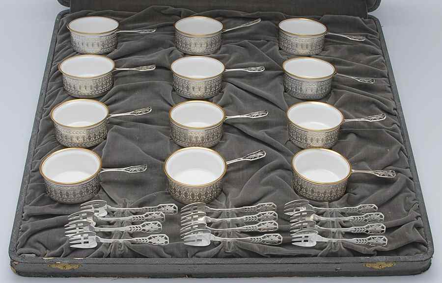 4762 (Sterling, Hollowware) Set of 12 Ramekin Holders, Lenox Liners & Forks by Watson-1