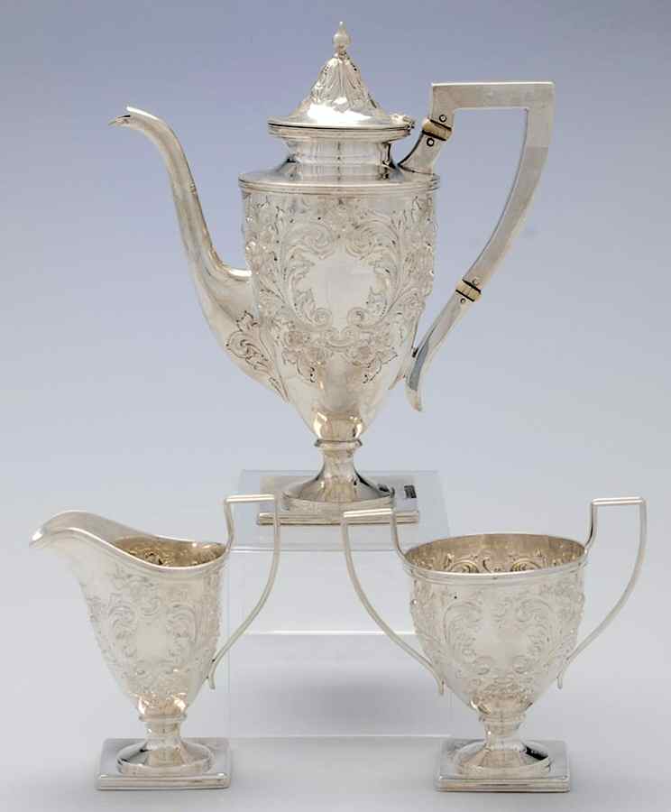 22 (Sterling, Hollowware) 3 Pc Demitasse Set, Coffee Pot, Creamer&Open Sugar by Watson-1