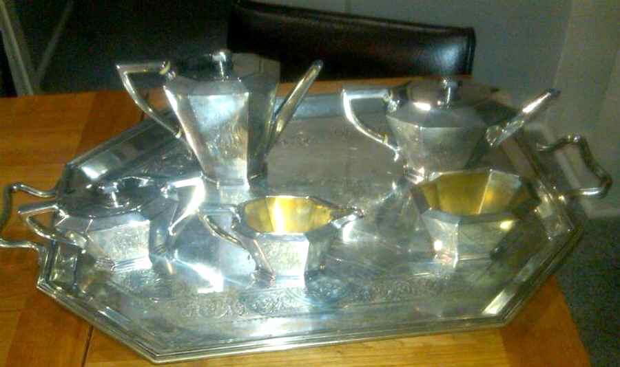 7761 (Sterling, Hollowware) 5 Piece Tea Set (SCP, STP, SCR, SSU, SWB) by Whiting Manf Co-1