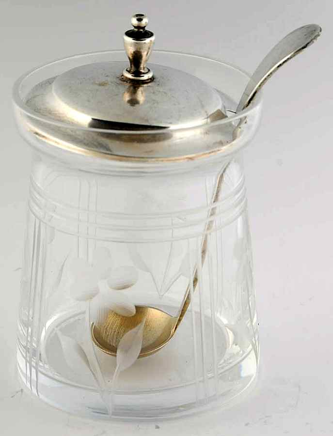 W18 (Sterling, Hollowware) Crystal Jam Jar with Sterling Lid & Spoon by Watson-1
