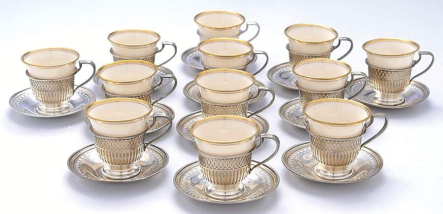 3210A (Sterling, Hollowware) Demi Cup and Saucer with Lenox Liner - Set of 12 by Whiting Manf Co-1
