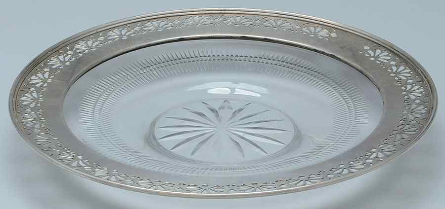 1270 (Sterling, Hollowware) 9" Round Crystal Tray with Sterling Rim by Whiting Manf Co-1