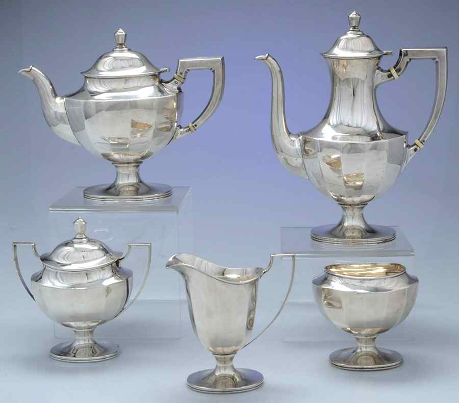 3065 (Sterling, Hollowware) 5 Piece Tea Set (SCP, STP, SCR, SSU, SWB) by Woodside Sterling Co-1