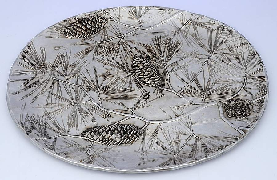 Evergreen (Metal, Hollowware) 14" Oval Serving Platter by Wendell August-1