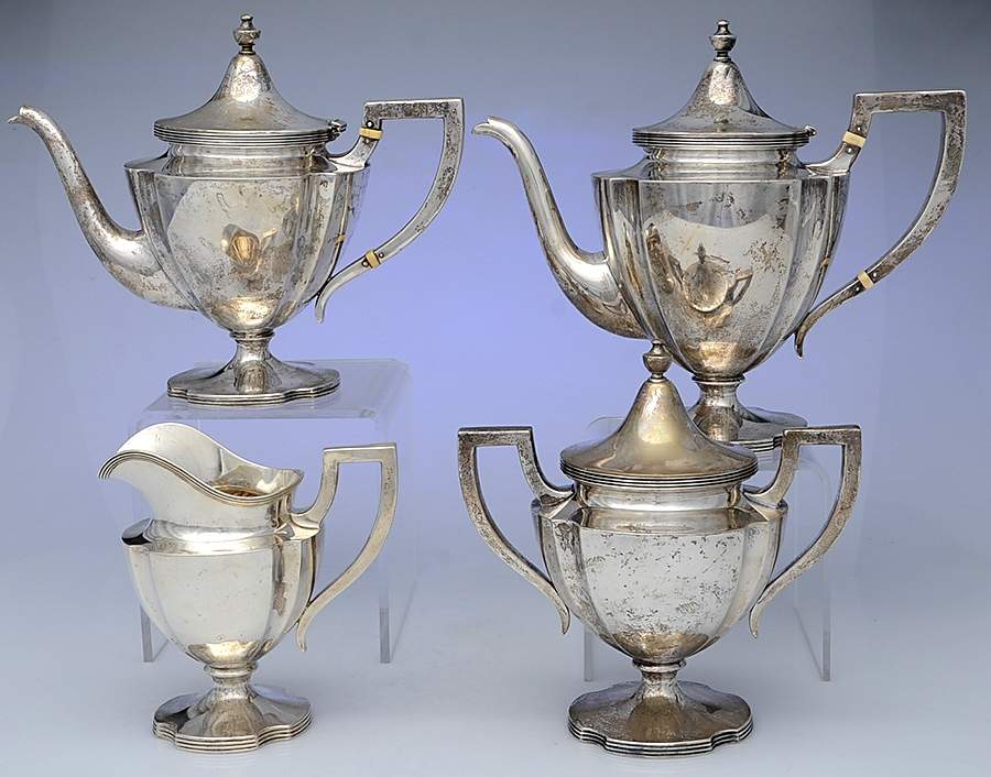 417 (Sterling, Hollowware) 4 Piece Tea Set (SCP, STP, SCR, SSU) by Watson-1