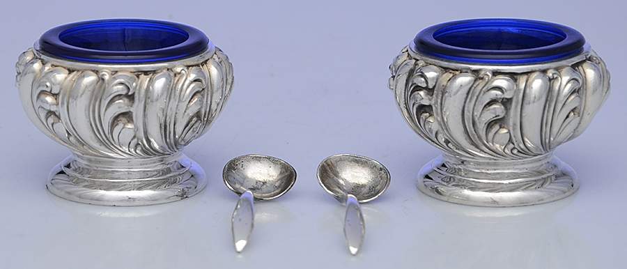 3853 (Silverplate, Hollowware) Individual Open Salt with Cobalt Liner & Spoon - Set of 4 by Weidlich Bros Mfg Co-1