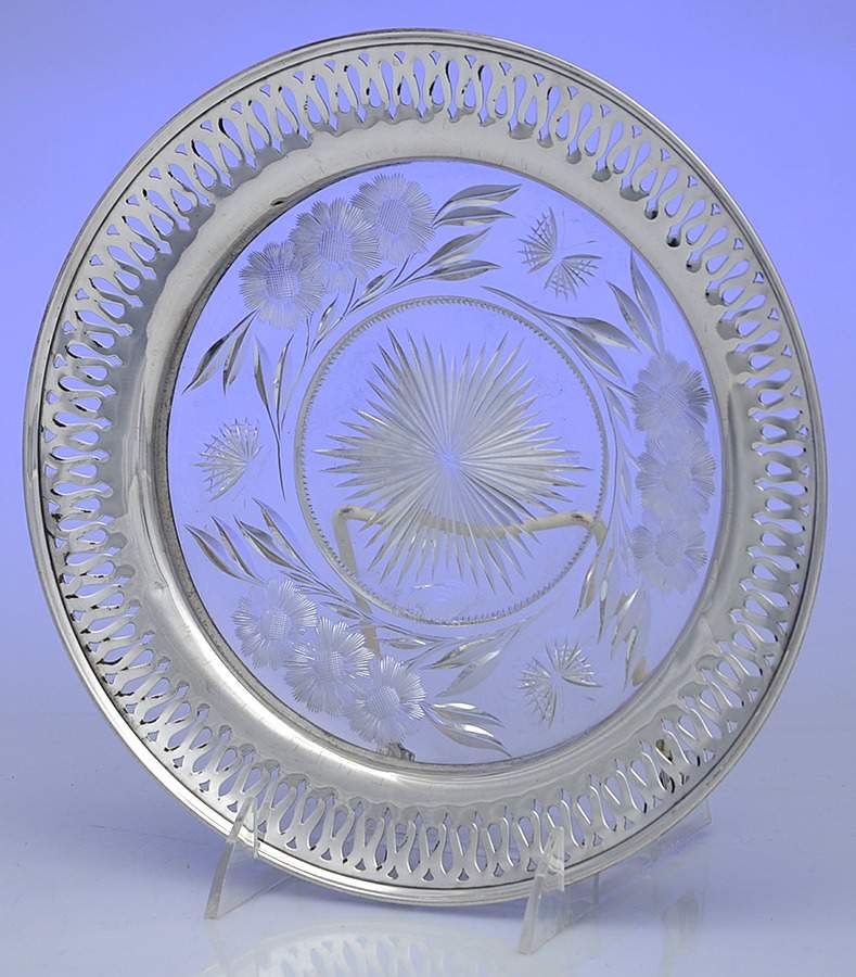 C1360 (Sterling, Hollowware) 9" Round Crystal Tray with Sterling Rim by Wallace Silver-1
