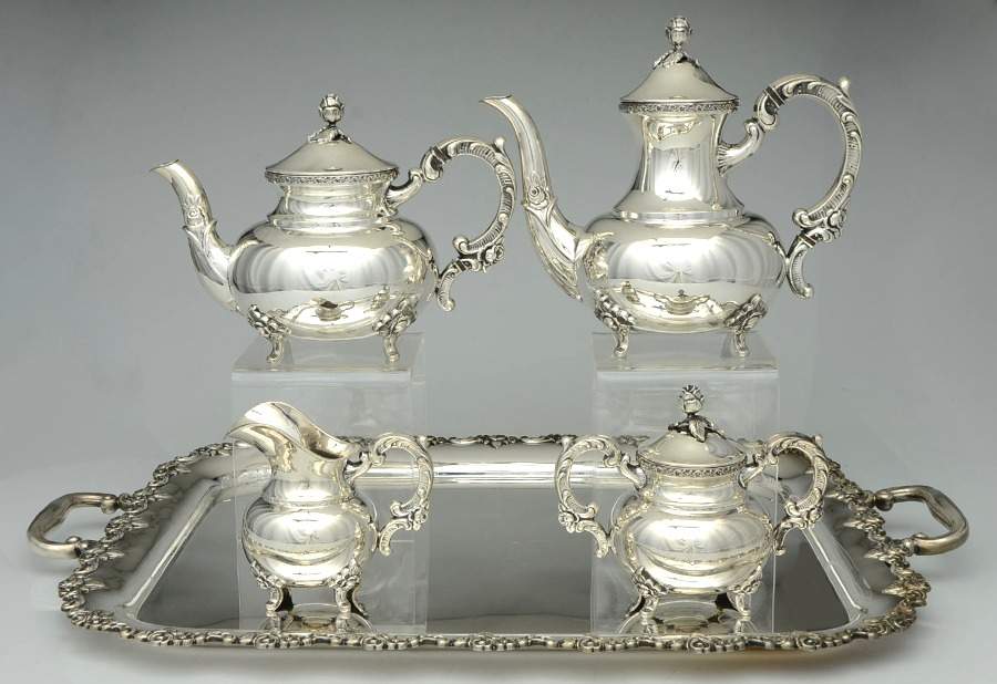 W9L1 (Sterling, Hollowware) 5 Piece Tea Set (SCP, STP, SCR, SSU, WT20C) by Weibenfelser Silverschmiede-1
