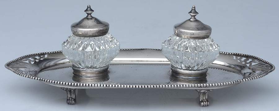 Silverplate Hollowware Double Inkwell with Pressed Glass & Attached Stand by Yeoman (England)-1