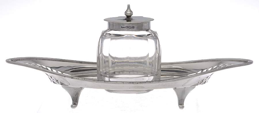 ZBA1 (Sterling, Hollowware) Crystal Inkwell with Sterling Lid & Tray by Z Barraclough & Sons-1