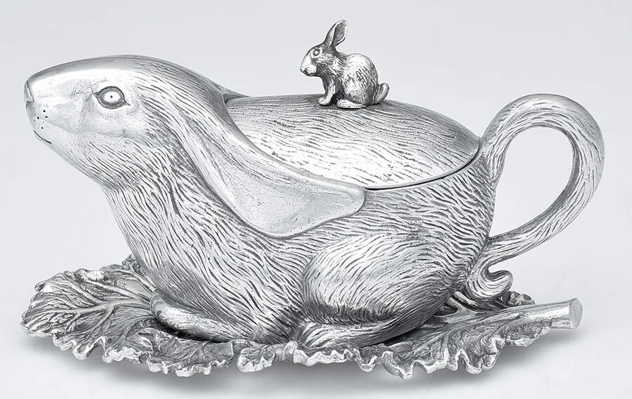 Bunnies (Aluminum, Hollowware) Sauce/Gravy Boat & Lid with Underplate by Arthur Court-1
