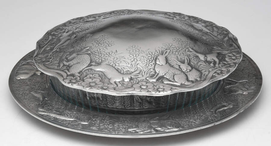 Bunnies (Aluminum, Hollowware) Glass Casserole with Metal Lid and Underplate by Arthur Court-1