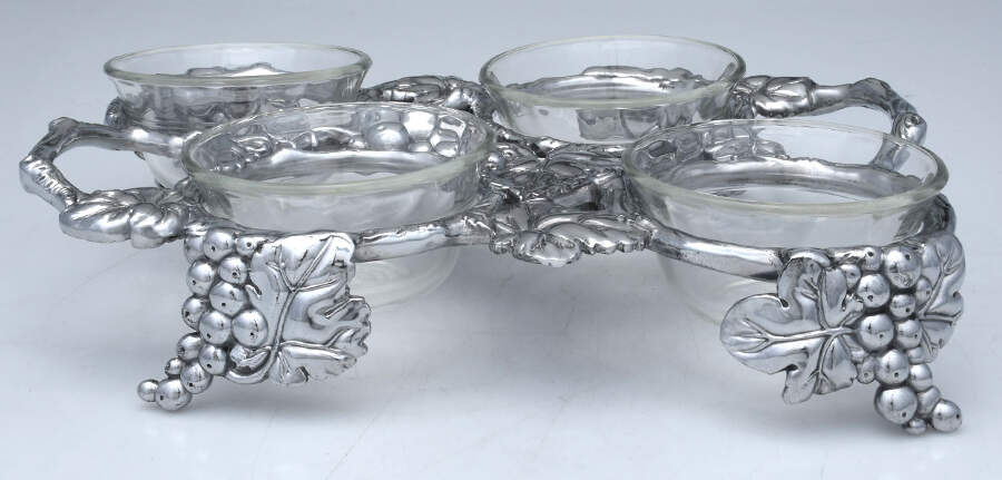 Grape (Aluminum, Hollowware) 5 Piece Custard Server Set (4 Glass Custard Cups & Stand) by Arthur Court-1