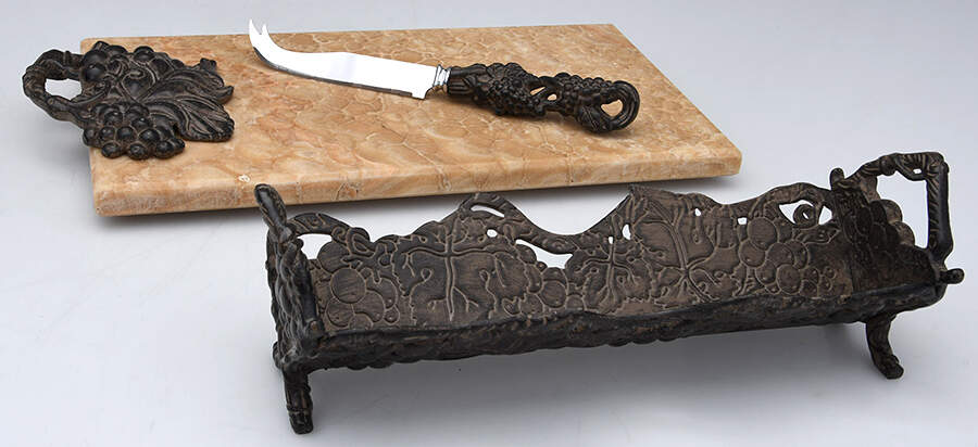Grape Tuscan (Metal, Hollowware) Wood Cheese Board & Cracker Tray with Knife Set by Arthur Court-1