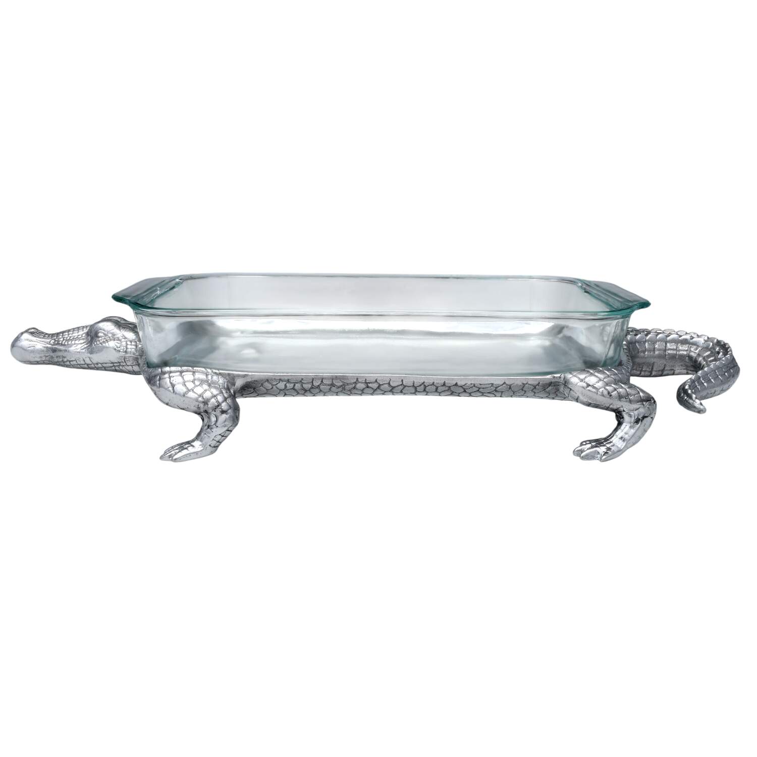 Alligator (Aluminum, Hollowware) 3 Quart Glass Oval Casserole w/Slvpt Lid & Undplt by Arthur Court-1