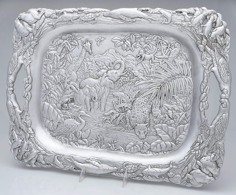Endangered Kingdom (Aluminum, Hollowware) 19" Rectangular Handled Tray by Arthur Court-1
