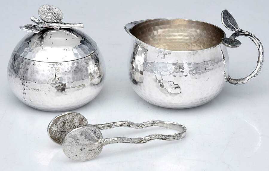 Botanical Leaf (Nickelplate, Hollowware) Creamer & Covered Sugar with Sugar Tongs by Michael Aram-1