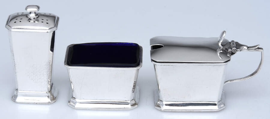Sterling Hollowware Master Salt w/Cobalt Liner, Pepper Shaker & Mustard Pot w/Cobalt Liner by Atkin Brothers, Ltd-1