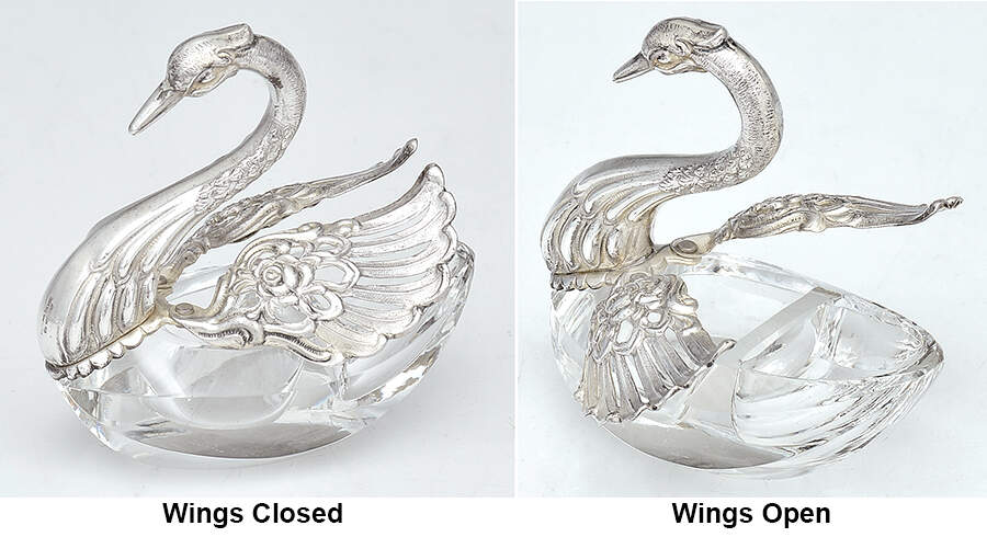 Sterling Hollowware Swan Ind Salt/Pepper with Sterling Wing & Head & Crystal Base by Albert Bodemer-1