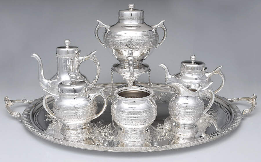 100 (Silverplate, Hollowware) 7 Piece Tea Set (CP, TP, CR,SU,WB, URNASB & WT28C) by Bailey, Banks & Biddle-1