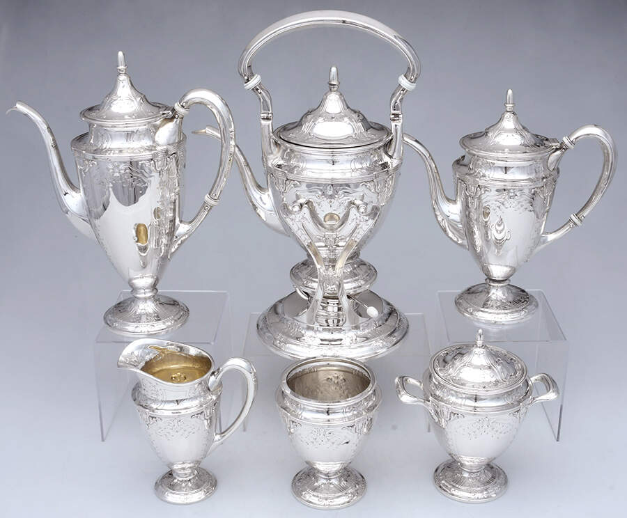 1700 (Sterling, Hollowware) 6 Piece Tea Set (SCP, STP, SCR, SSU, SWB, SKES) by Barbour Silver (USA)-1