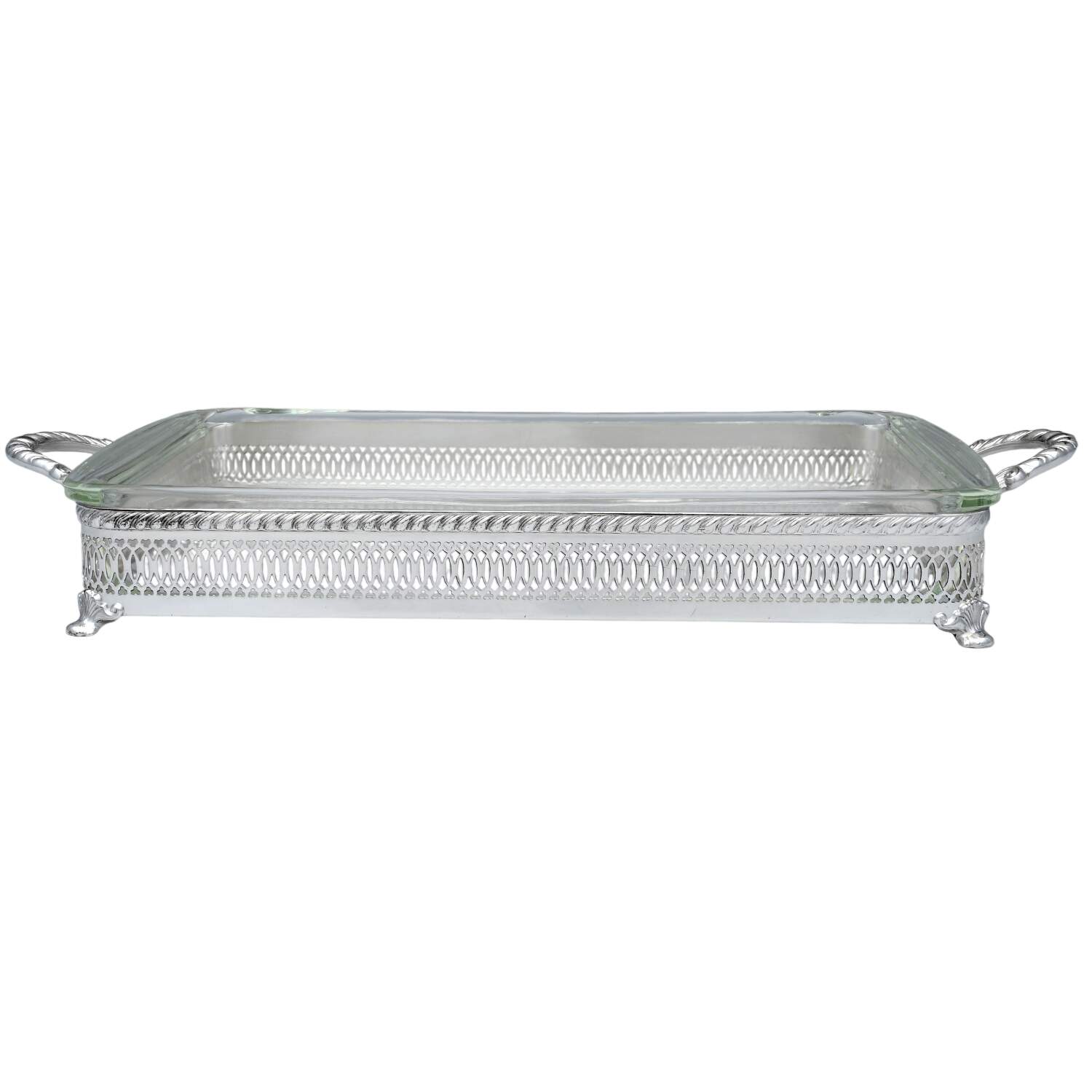 Silverplate Hollowware Rectangular Casserole Holder with Pyrex Liner by Crescent Silverware-1