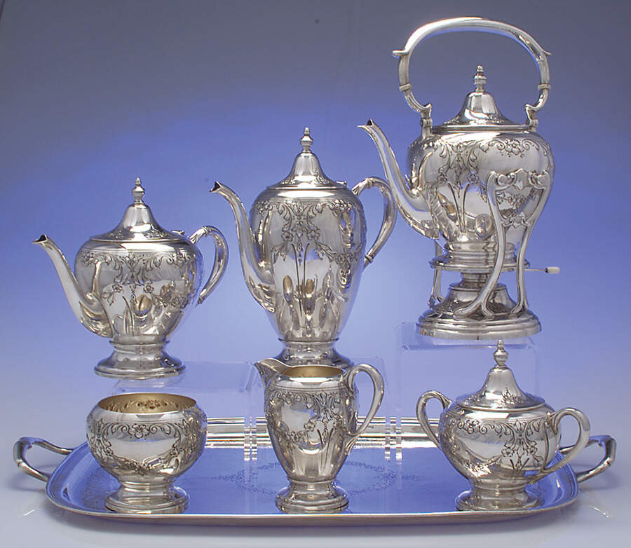 100 (Sterling, Hollowware) 7 Piece Tea Set (SCP, STP, SCR, SSU, SWB, SKES & WTL) by Dunkirk Silversmiths-1