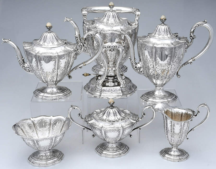 11822 (Sterling, Hollowware) 6 Piece Tea Set (SCP, STP, SCR, SSU, SWB, SKES) by Durgin-1