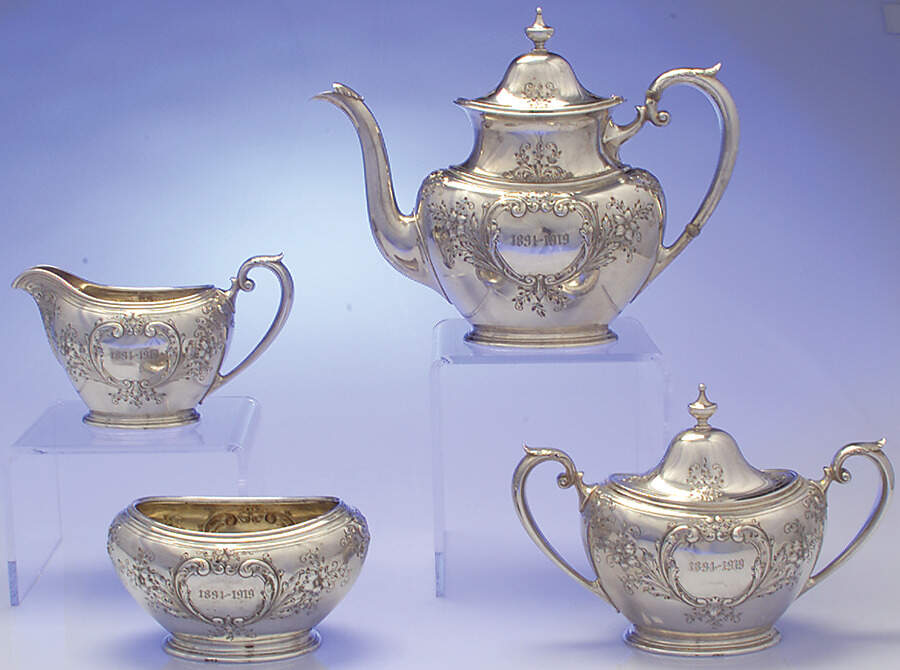 122 (Sterling, Hollowware) 4 Piece Tea Set (Tea Pot, Cream, Sugar & Waste) by Durgin-1