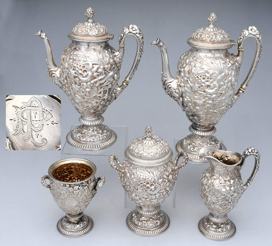 100 (Sterling, Hollowware) 5 Piece Tea Set (SCP, STP, SCR, SSU, UTB5) by Dominick & Haff-1