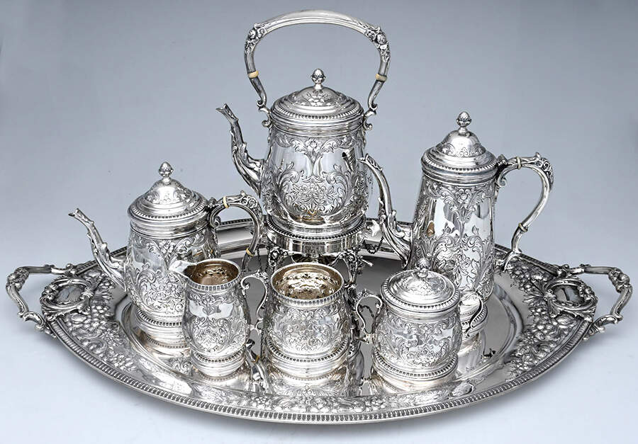 224 (Sterling, Hollowware) 7 Piece Tea Set (SCP, STP, SCR, SSU, SWB, SKES & WTL) by Durham Sterling-1