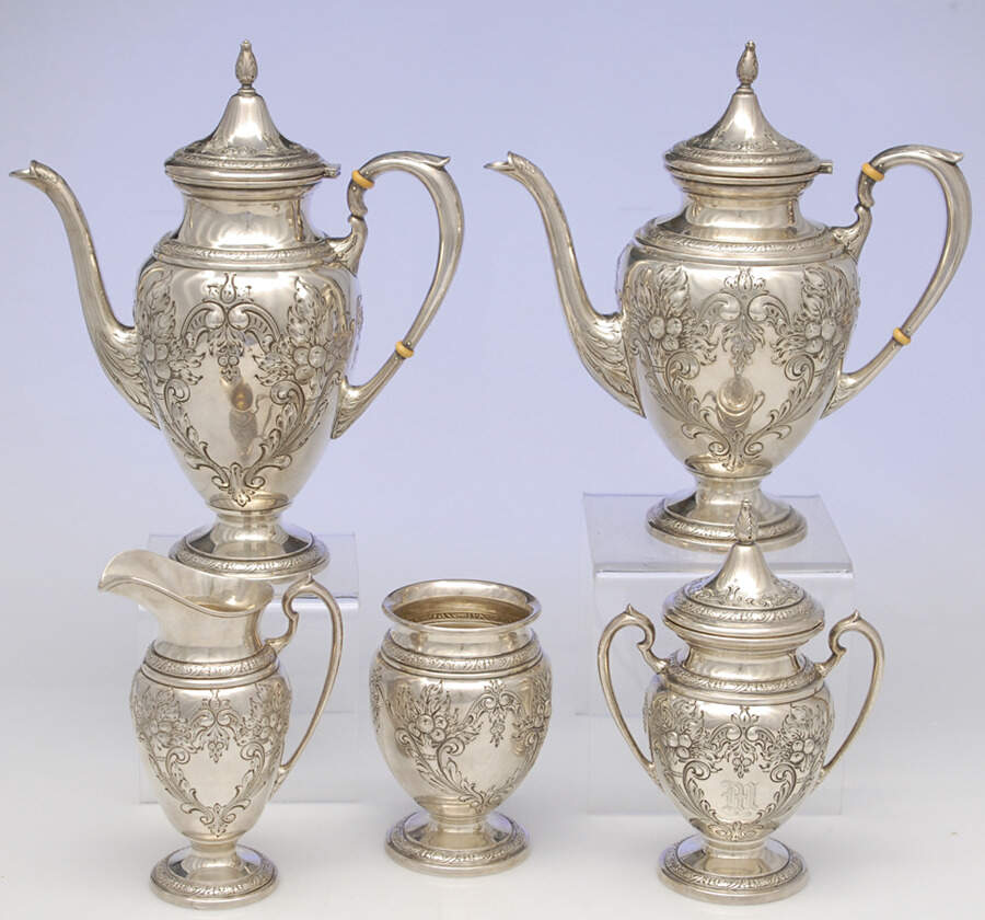 Champlain (Sterling, Hollowware) 5 Piece Tea Set (SCP*, STP*, SCR*, SSU*, SWB*) by Ellmore-1